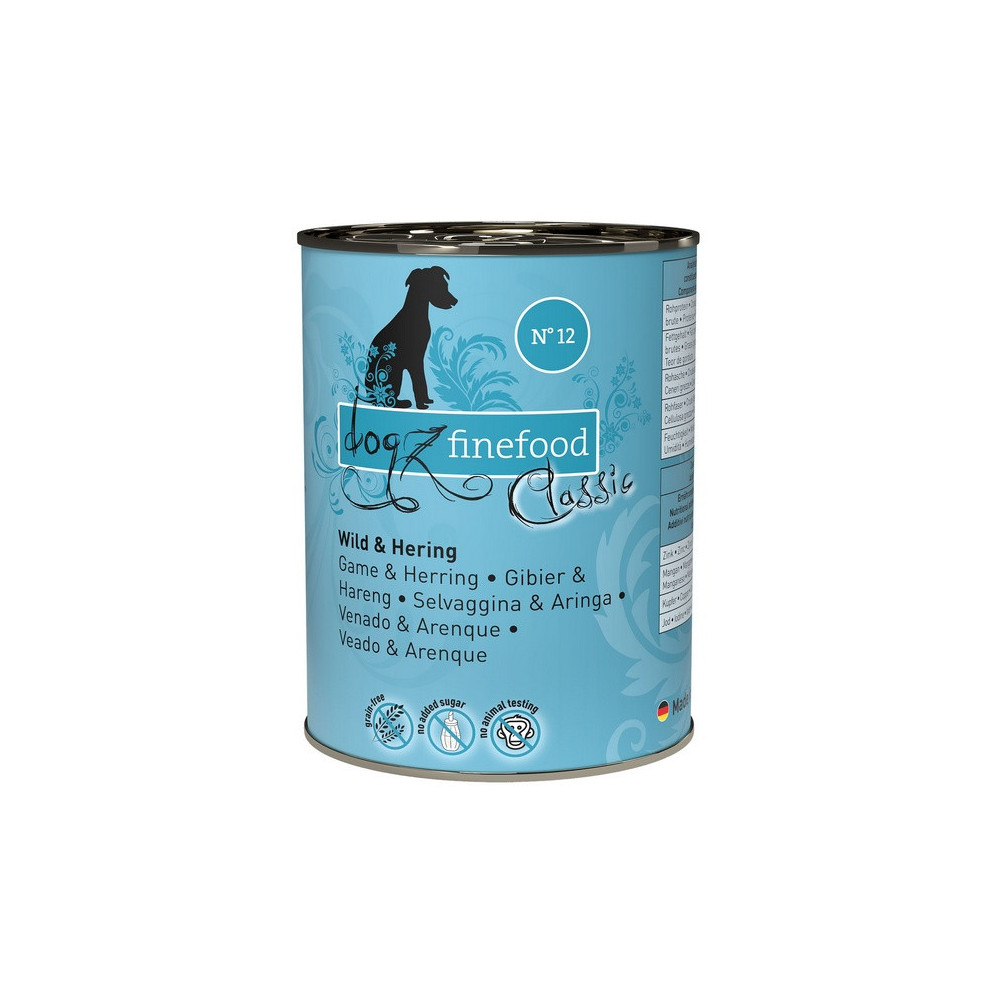 Dogz Finefood Classic N.12 Dziczyzna i śledź puszka 400g