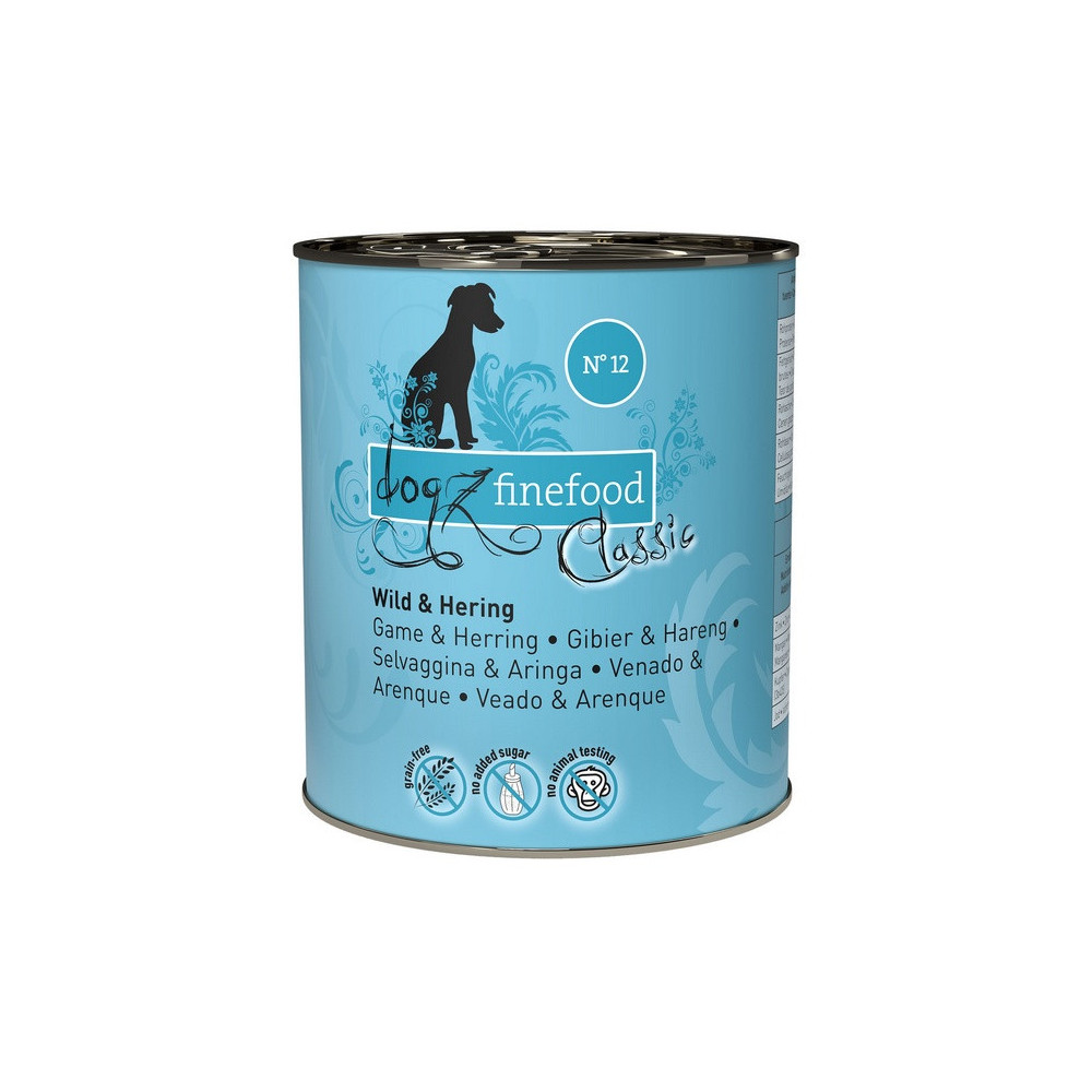 Dogz Finefood Classic N.12 Dziczyzna i śledź puszka 800g